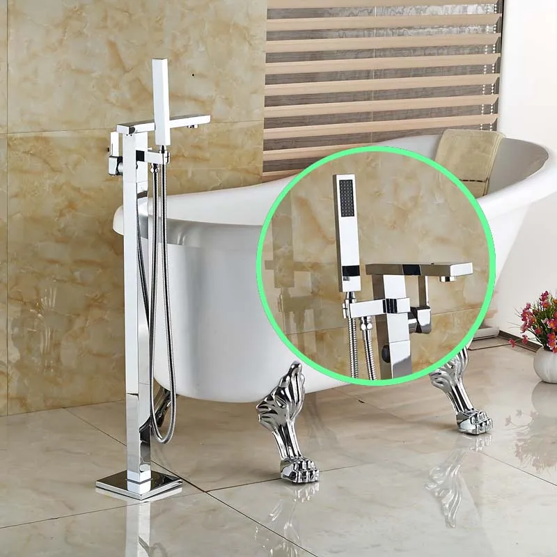 Bathroom Floor Mount Freestanding Chrome Bathtub Filler Bath Tub Faucet W Handshower