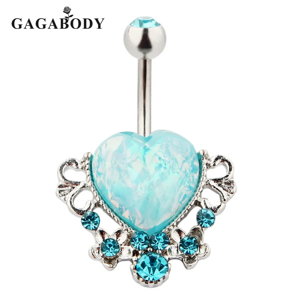 2017 GAGA Wholesale 316L Surgical Steel Blue Rhinestone Heart Belly