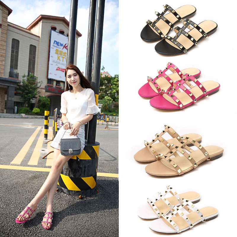 

2018 luxury brand 3 colors women's Fashion flat sandals black white brown female Summer rivet shoes casual sandals