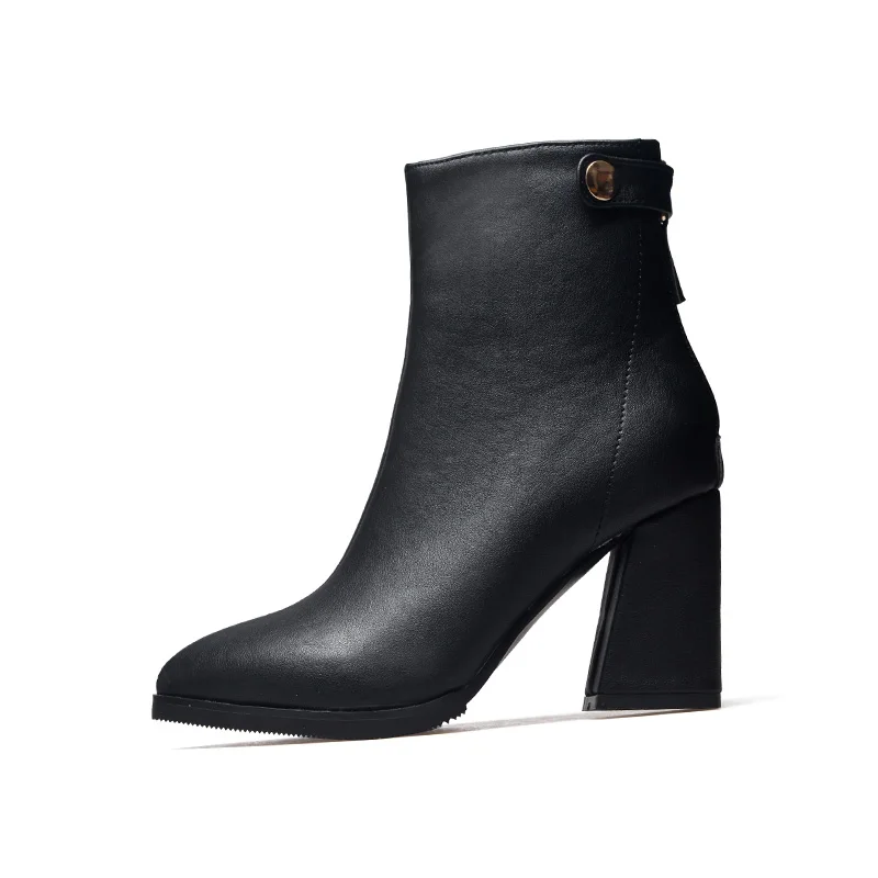 WETKISS/женские весенние ботильоны на высоком каблуке; Новинка года; модная женская обувь на толстом каблуке; обувь на молнии с острым носком и пуговицами; большие размеры - Цвет: black 7cm