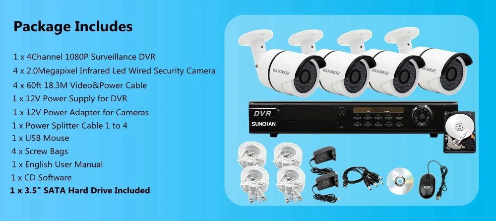 4CH DVR AHD 2MP Outdoor Bullet 1080P Security Camera System 1TB