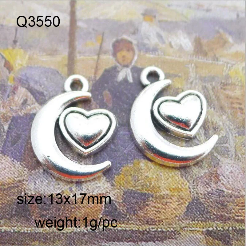 Antique Silver Plated Zinc Alloy Moon Heart Charm Pendant for Jewelry