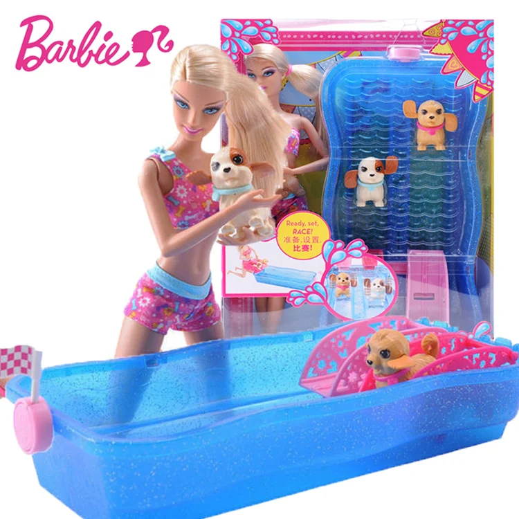 Original Barbie Swim & Race Pups Dog Swimming Game with Bath Girl Baby Doll for Birthday Gift
