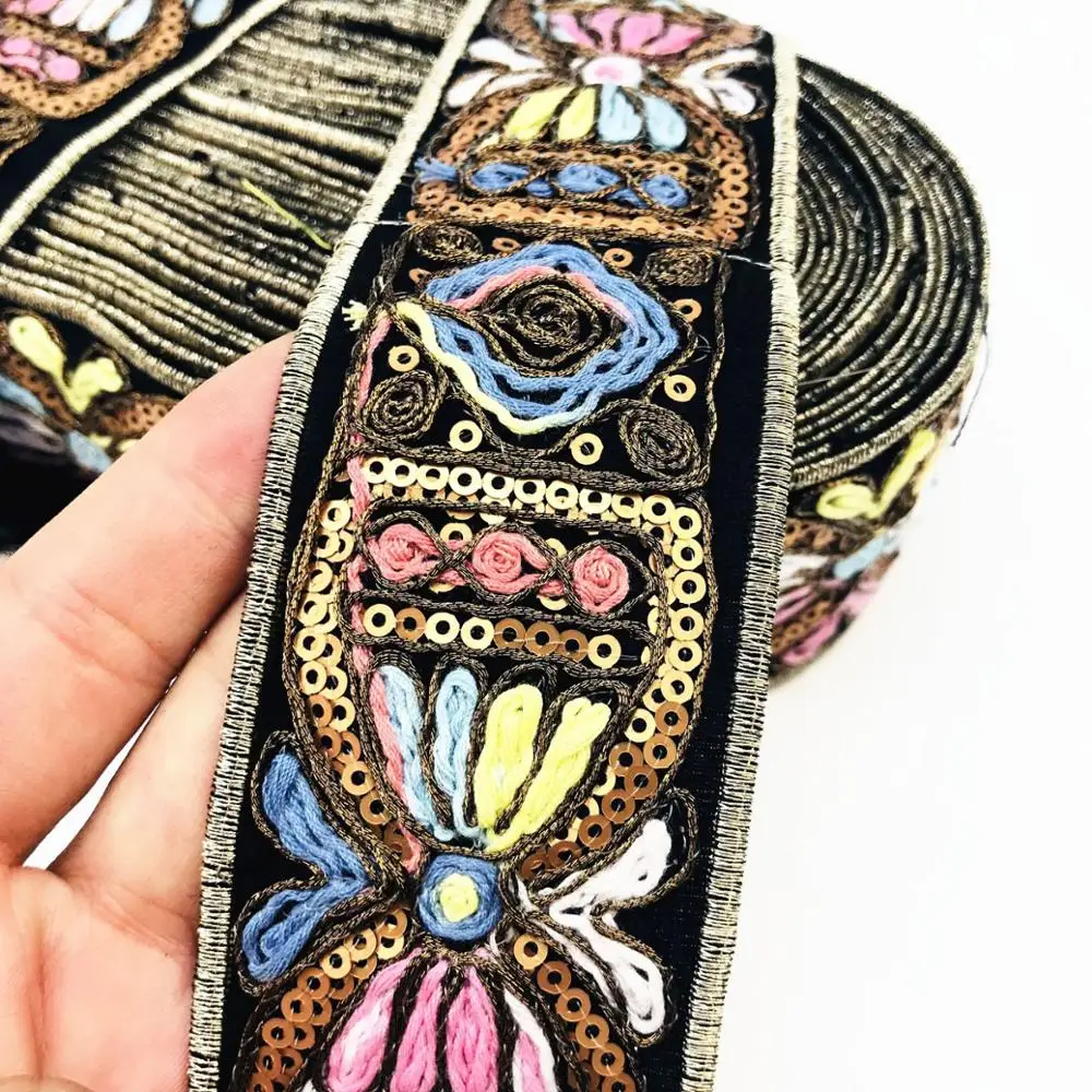 

3Meters 4.6cm Ethnic Gold Thread Sequins Webbing Ribbons Clothing Decorative Embroidered Lace Trims DIY Embroidered Fabric