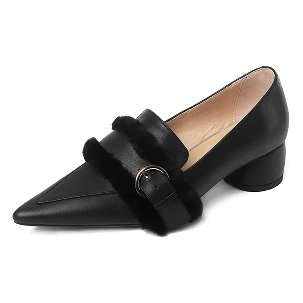 

RIBETRINI High Quality Cow Leather New Hot Slip On Pointed Toe Summer Pumps Woman Shoes Chunky Heels Shoes Woman Pumps