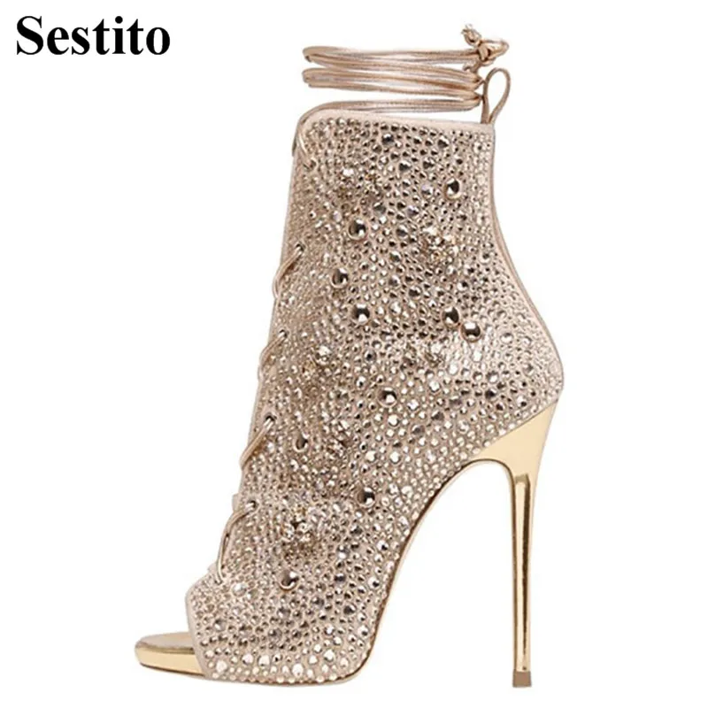 

2018 Fashion Gold Rivet Peep Toe Cross-tied Ankle Boots For Women Spring/Autumn Super High Thin Heels Lace-up Ladies Shoes
