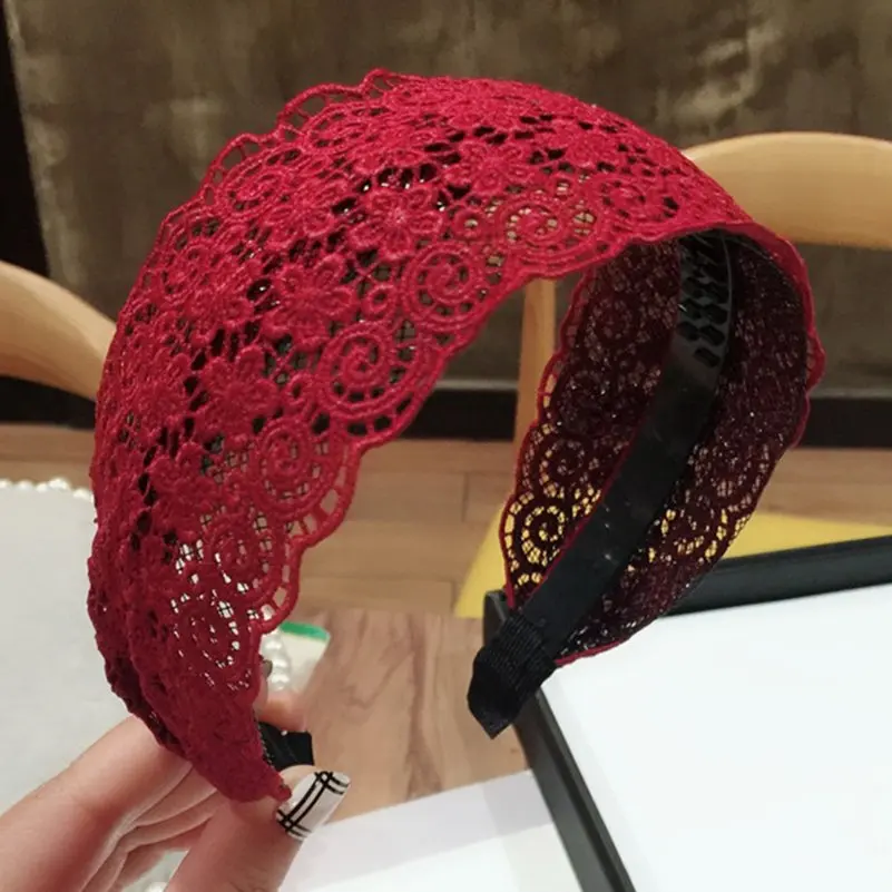 Wine Red Женские широкие резинки для волос одноцветная ткань кружева цветок повязка на голову обруч для волос полоса дамы девушки аксессуары для волос - Цвет: Wine Red