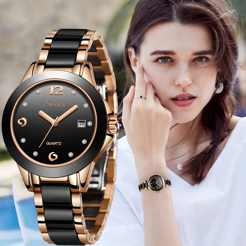 Montre Femme 2019 SUNKTA новые роскошные женские часы розовые керамические золотистые женские часы с бриллиантами подарок кварцевые наручные часы