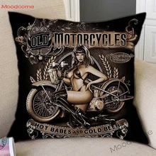 Funda de almohada de sofá de Arte de motocicleta de chica Sexy Vintage negra, funda de cojín de lino de estilo americano Retro Para motociclista