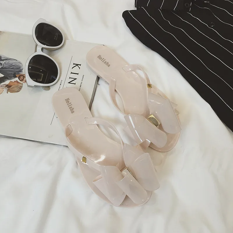 Повседневная модная летняя обувь; Новинка; красивые шлепанцы на плоской подошве с бантом; женская пляжная обувь; женские Вьетнамки; прозрачная обувь