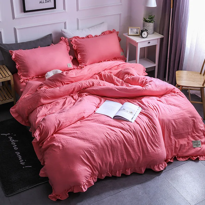 السماء الأزرق طقم سرير لينة غسلها غطاء لحاف من القطن مجموعة 4 قطعة/المجموعة المنزل السرير الصلبة الكتان مجموعة نضارة أغطية الكبار ورقة مسطحة