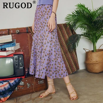 

RUGOD 2019 Elegant purple chiffon women skirt women Fashion A line printed long skirts ladies offic wear jupe longue femme