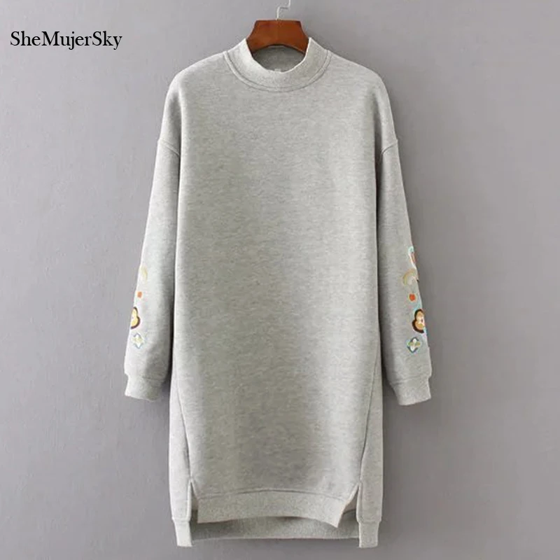 SheMujerSky Sweatshirt Women Long Hoodie Dress Embroidery Floral moleton feminino...