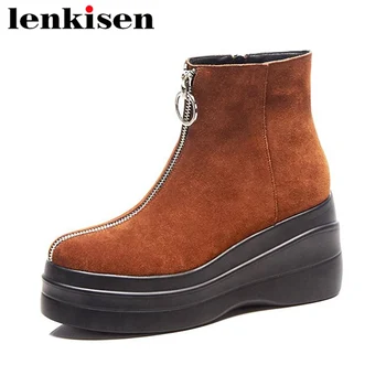 

Lenkisen office lady round toe super high bottom cow suede european style zipper waterproof simple style women ankle boots L45