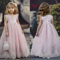Милые Розовые Платья с цветочным принтом для девочек; торжественные платья для детей на свадьбу; кружевное платье с аппликацией для