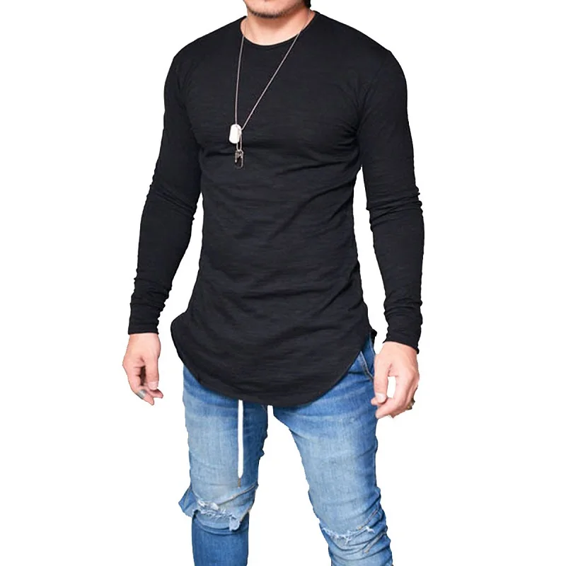 Men's T Shirt Long Sleeve Stylish Hem Solid Color Comfy Pullover