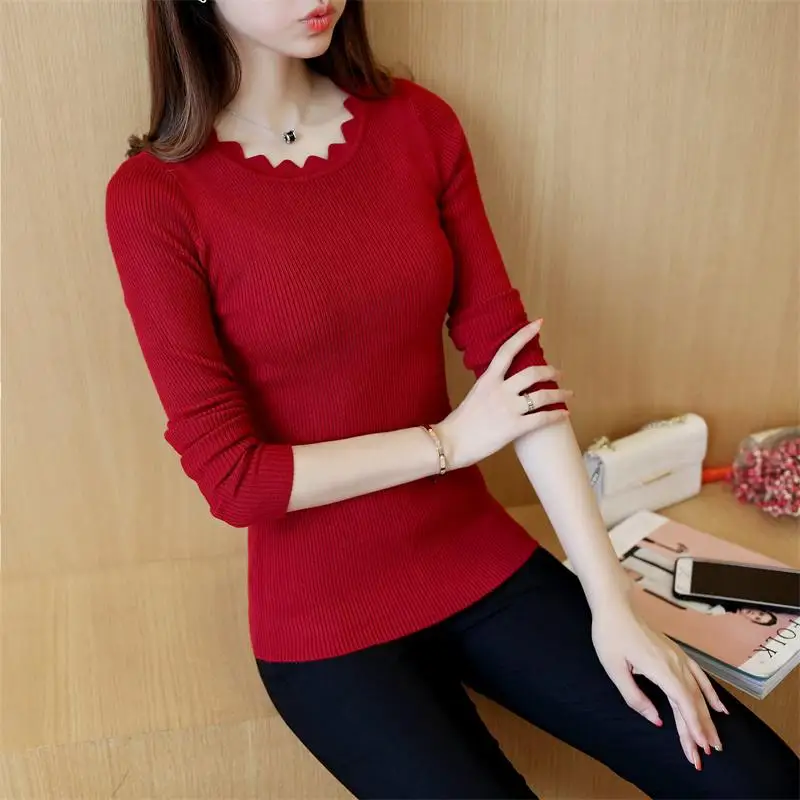 Весна осень и зима новые женские вязаные свитера нижние платья свитера с длинным рукавом нижние платья и топы - Цвет: Красный