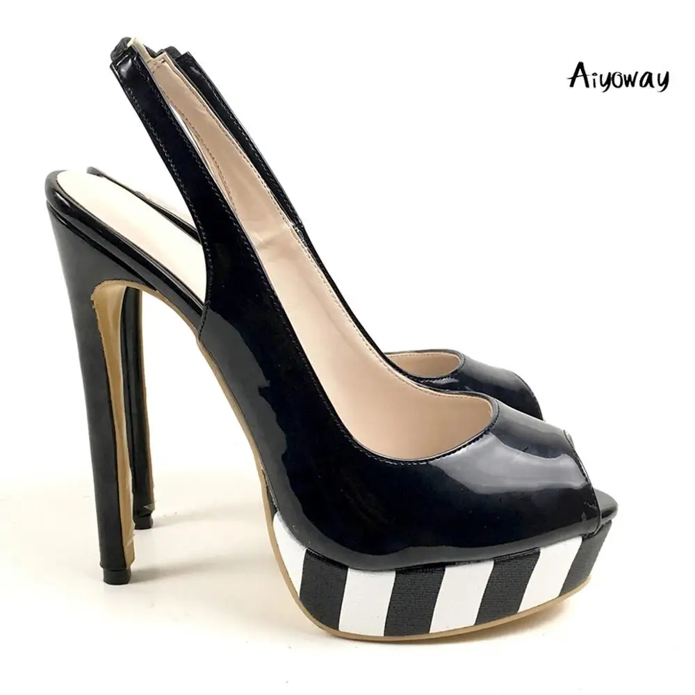 

Women High Heel Slingback Black White Zebra stripe Platform Shoes Open Toe Pumps 12cm Heels Patent Leather Ladies Party Casual