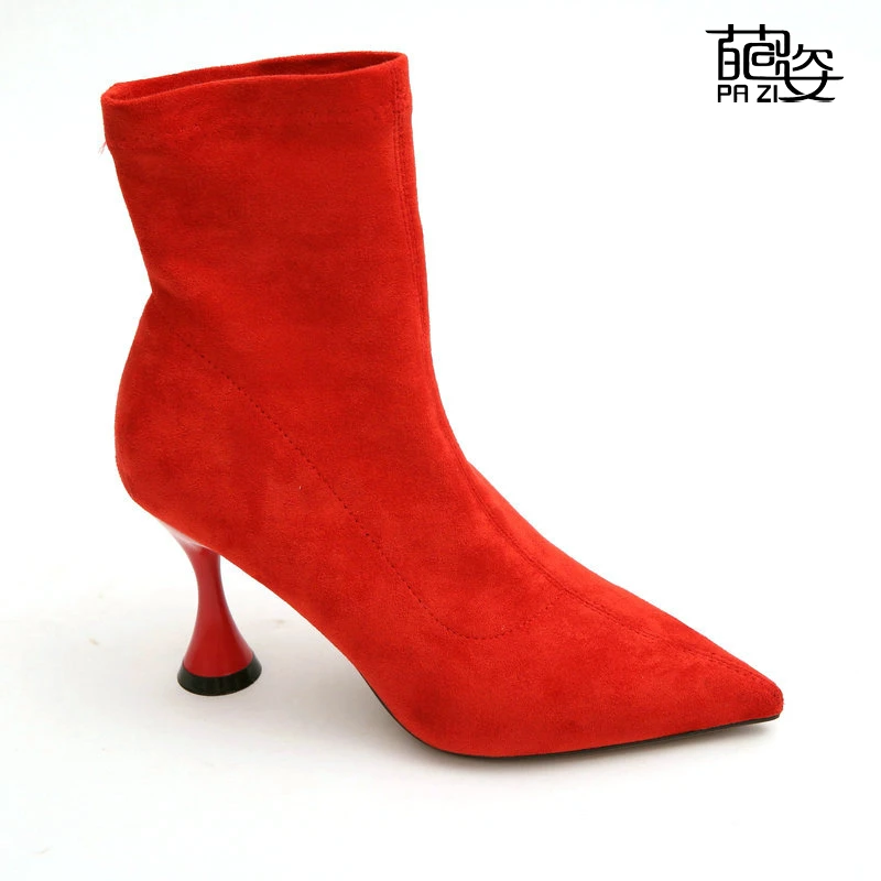 

Shoes Women High Heels Boots Women Party Shoes Red Stretch Fabric Thin Heels Pointed Toe Motorcycle Boots Slip On Autumn Shoes