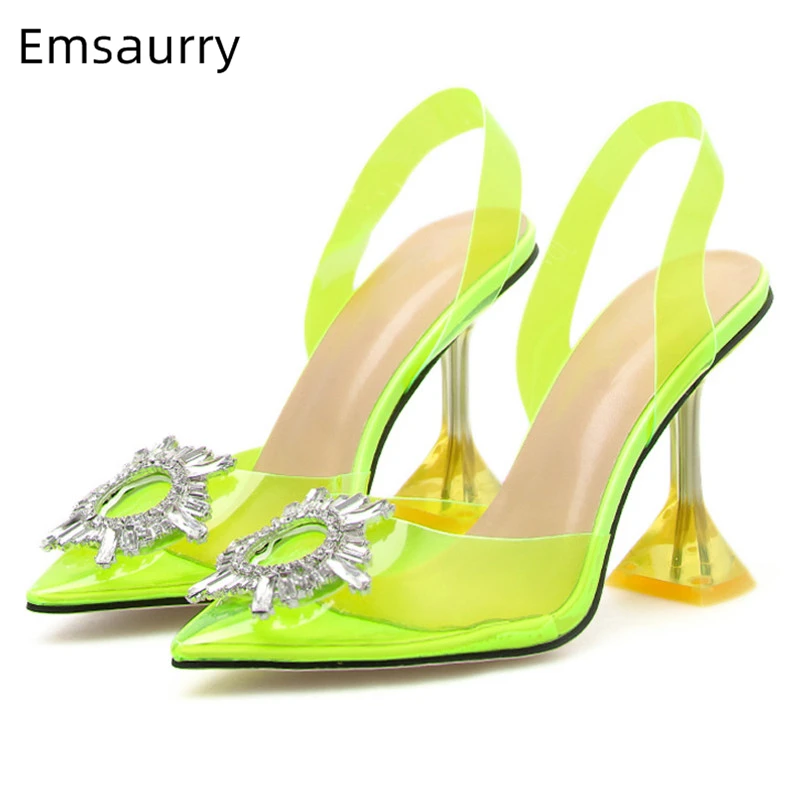 

Translucent PVC Crystal Buckle Sandalias Mujer 2019 Unique Cup Heel Pointed Toe Transparent Rhinestone Summer Shoes Woman