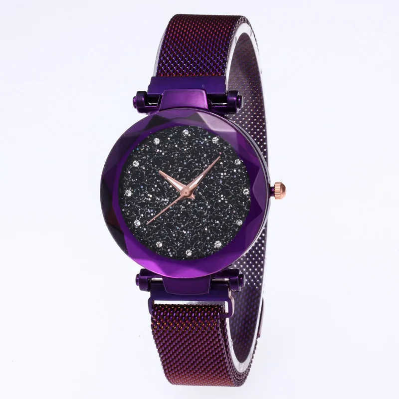 Роскошные брендовые золотые часы для женщин из нержавеющей стали со стразами, звездное небо, наручные часы для женщин, кварцевые женские часы, Relojes Para Mujer - Цвет: Фиолетовый