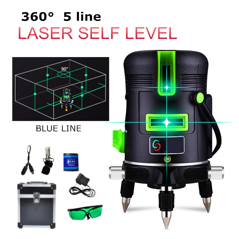 

5 Lines Blue Cross Lines Green 360 Degree 3D Rotary Laser Level Receiver Automatic Self Leveling Vertical Horizontal DIY Home