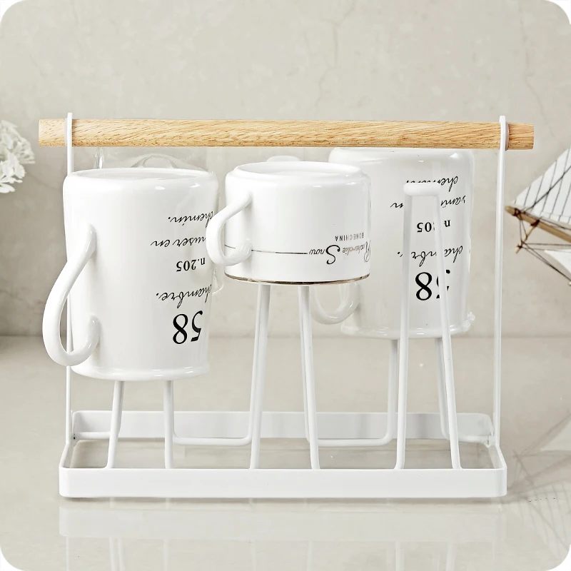 Coffee Tea Cup Holder Stand 6 Mug Wood Handle Storage Rack Holders W6 Hooks(Not includ cups) (7)