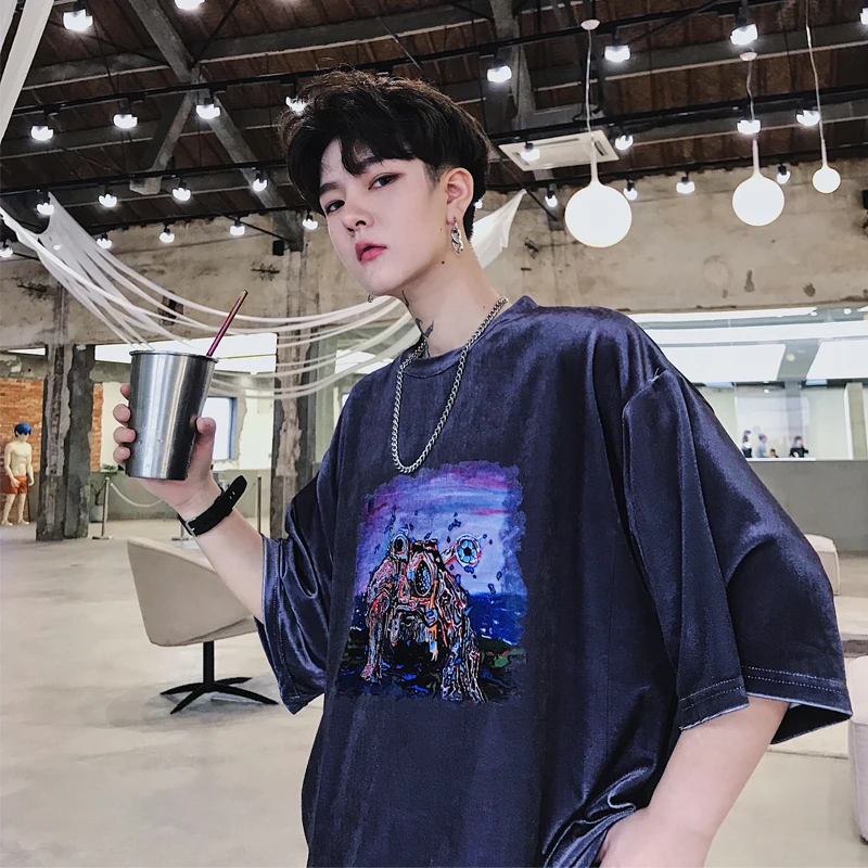 

2019 Casual Vintage Printing Pattern Pleuche Tide Round Neck Short Sleeve Loose Harajuku Hip Hop Male T Shirt Men's T-shirt