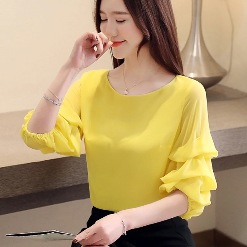 

Women Blouses Shirt Fashion Chiffon Short Sleeve Summer Korean O-Neck Loose Lanteriorn Sleeve Women Top feminine Shirt 926G7