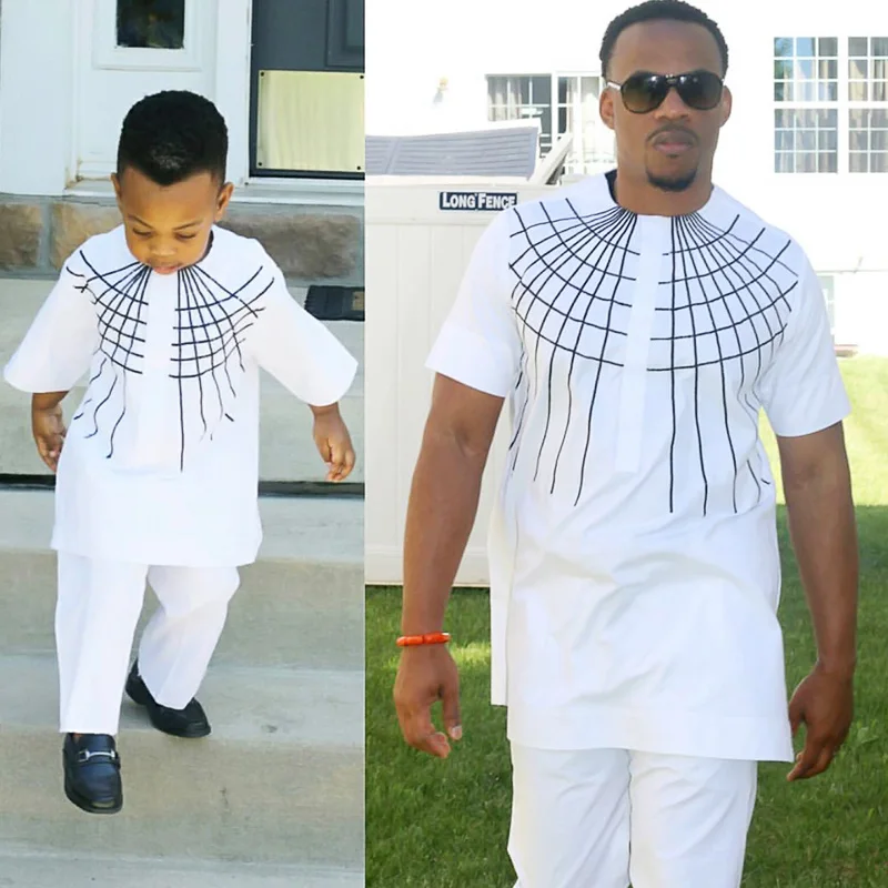 African สำหรับเด็กและ daddy bazin riche การออกแบบเย็บปักถักร้อยสีขาว
