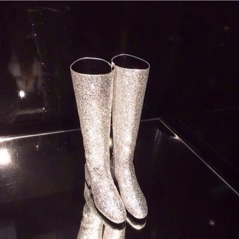 

New Arrival Round Toe High Quality Leather Sequined Fashion Boots Zipper Glitter Cover Knee High Square Heel Winter Boots Woman