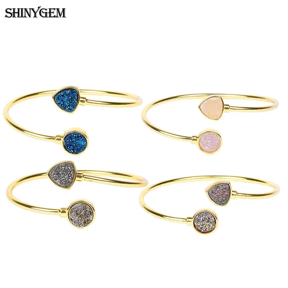 Браслеты ShinyGem, винтажные, сверкающие, Druzy, с кристаллами, открытые, позолота, треугольник, Круглый, натуральный, Druzy камень, браслет, браслеты для женщин