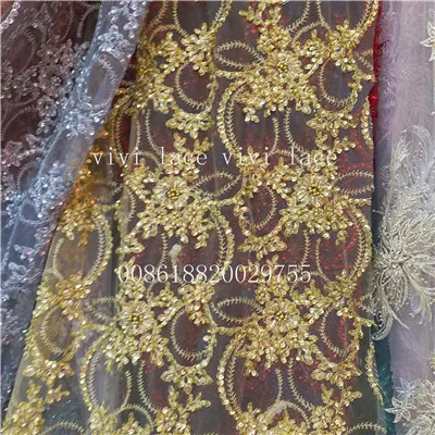 

5 yards ysl002-3 gold hand work beads pearls net tulle mesh lace for wedding /evening dress/haute couture