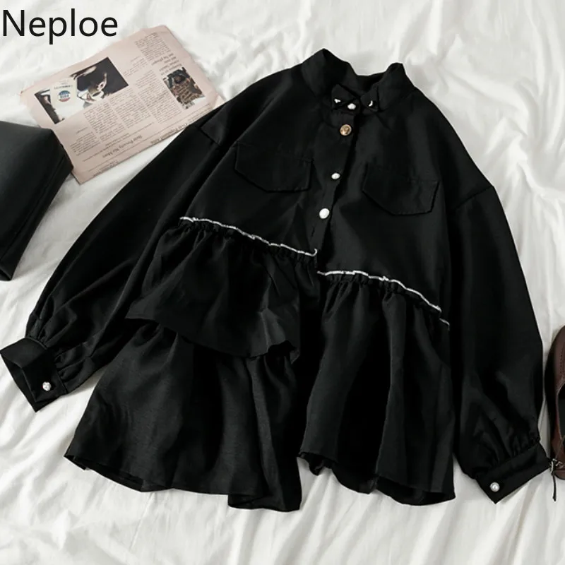 

Neploe Vintage Black Shirts Women Irregular Ruffle Blouses Long Sleeve Loose Oversized Streetwear Tops Spring Korean Blusas
