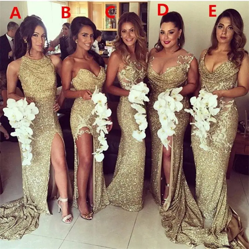 

Luxury Sparkly Bridesmaid Dresses 2019 Sexy Sweetheart Sleeveless Five Styles Gold Sequin Long Bridesmaid Dresses Vestidos longo