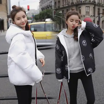 Двухсторонняя женская зимняя куртка в стиле хип-хоп с забавным принтом, пальто унисекс, утолщенный теплый женский короткий большой пуховик - Цвет: Белый