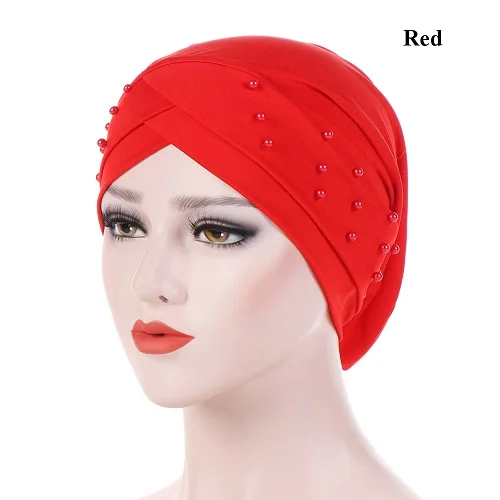 1 шт. женский Эластичный Тюрбан шляпа мусульманский хиджаб исламский Джерси бусины Кепка chemo дамы хиджаб стрейч головной платок шарф - Цвет: A-red cap
