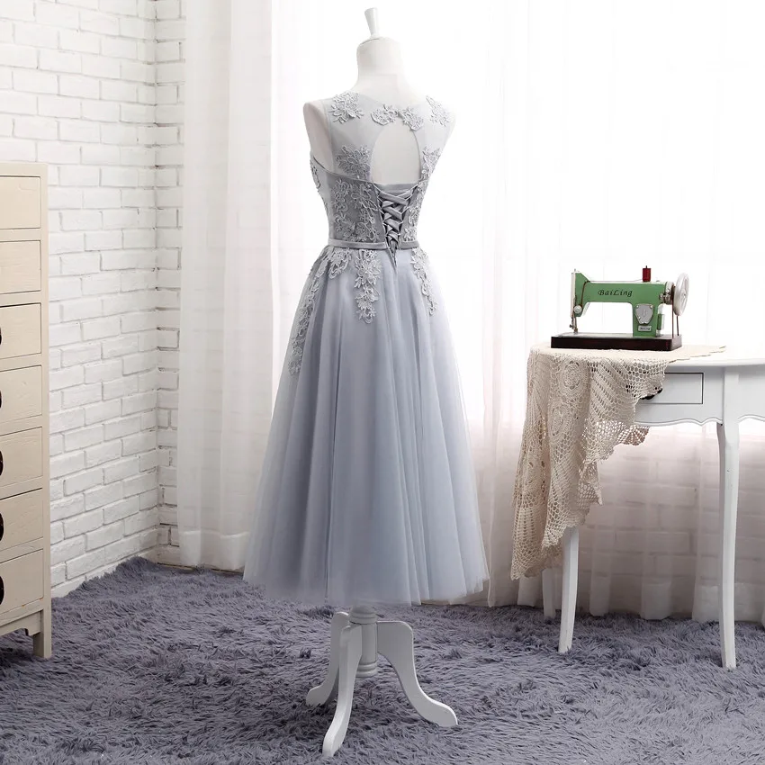 MNZ-510XB# кружевные короткие средней длины новые серые платья подружки невесты осень зима кружевное платье для свадьбы выпускного тост костюм Китай
