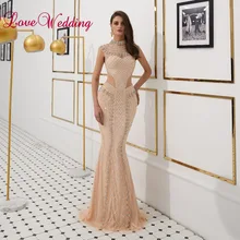 Fashion New Style High Neck Heavy Major Beaded Sexy Sheer Waist Mermaid Long Luxurious Evening Dresses Real Photo