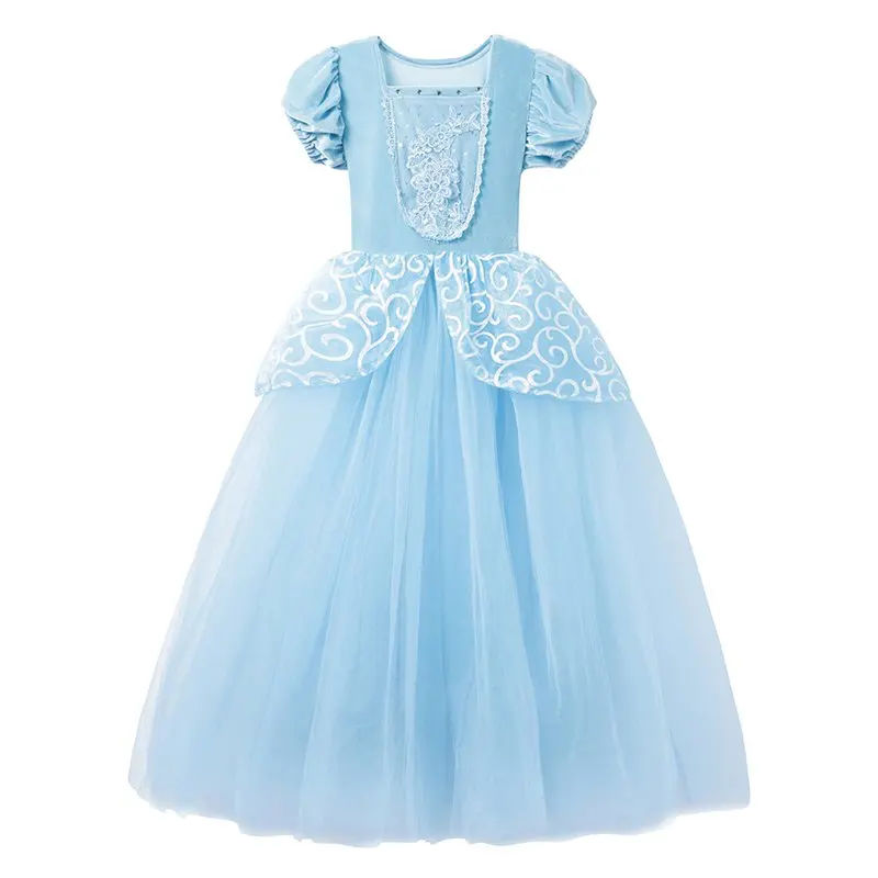 VOGUEON Принцесса Золушка платье Одежда для девочек короткий рукав 6 слоев синий косплэй костюм Дети Хэллоуин платья вечеринок - Цвет: Blue Dress Only