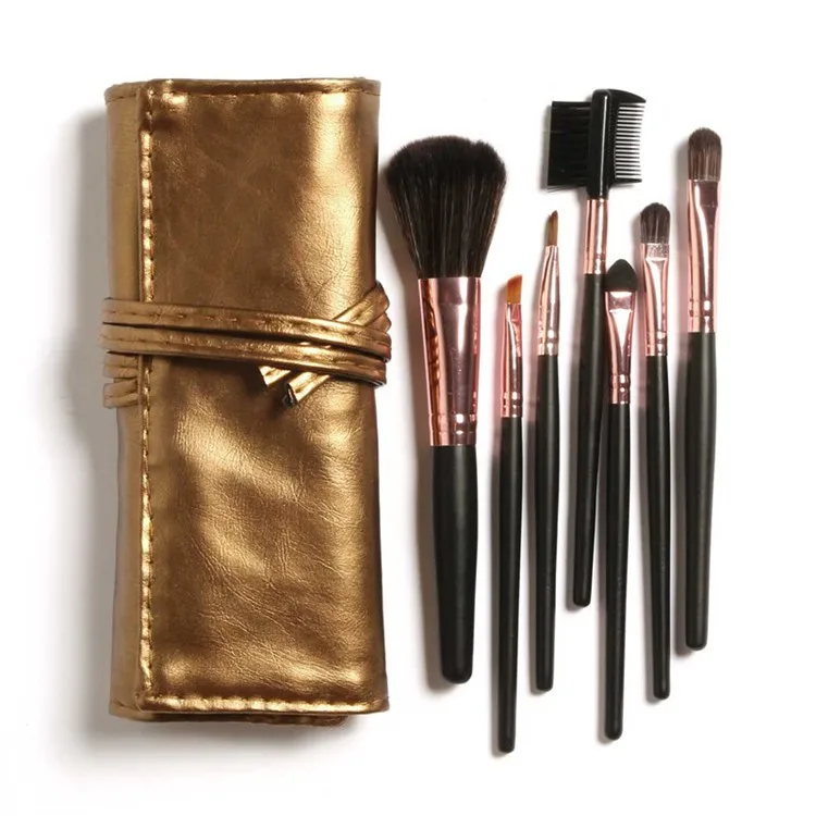 Big-Discount-High-Quality-7-Makeup-Brush-Set-in-Sleek-Golden-Leather-Like-Case-Portable-Make