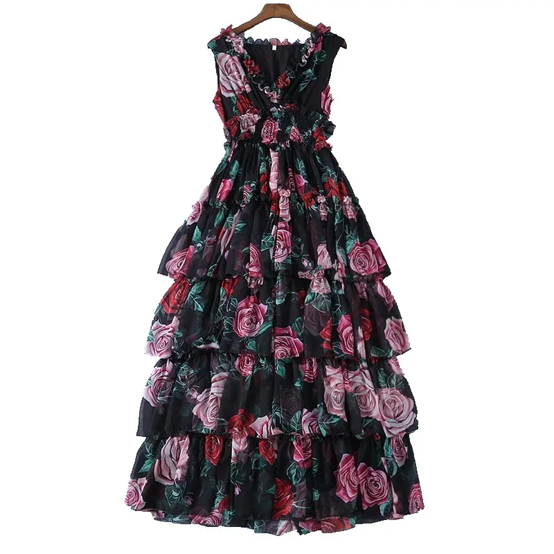 

2019 Summer Romantic Prairie Chic Sweet Formal Dress Rose Print A-Line V-Neck Sleeveless Tank Women Midi Princess Cake Dress S-L