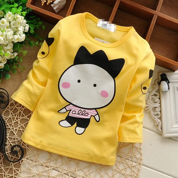 Baby Toddler Kids Cotton Lovely Character Print Boys Girls T-shirt Button on Shoulder O-neck Pink Tops G043