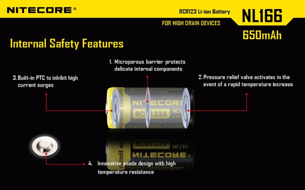 NITECORE NL166 650mAh 3,7 V 2.4Wh защищенный литиевый аккумулятор RCR123A 16340 18350 литий-ионный аккумулятор Дренажные устройства фонарик