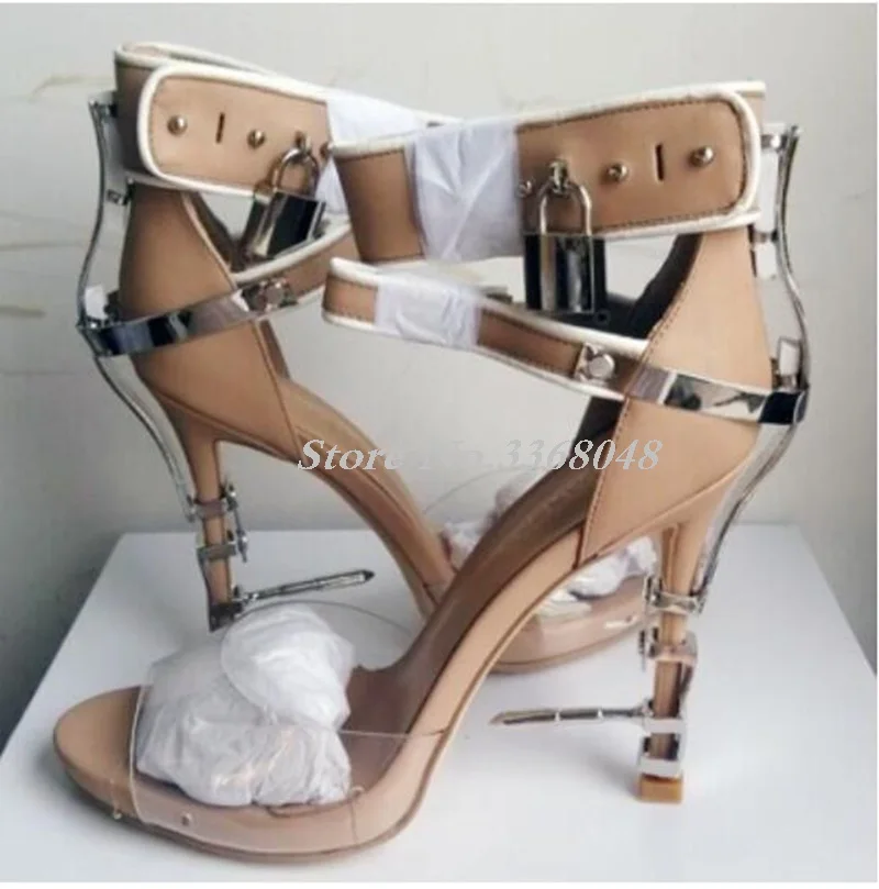 Luxury Shoes Women Designers Gemstone Jeweled Gladiator Sandals Transparent PVC Patchwork Padlock Ankle Strap High Heels Shoes