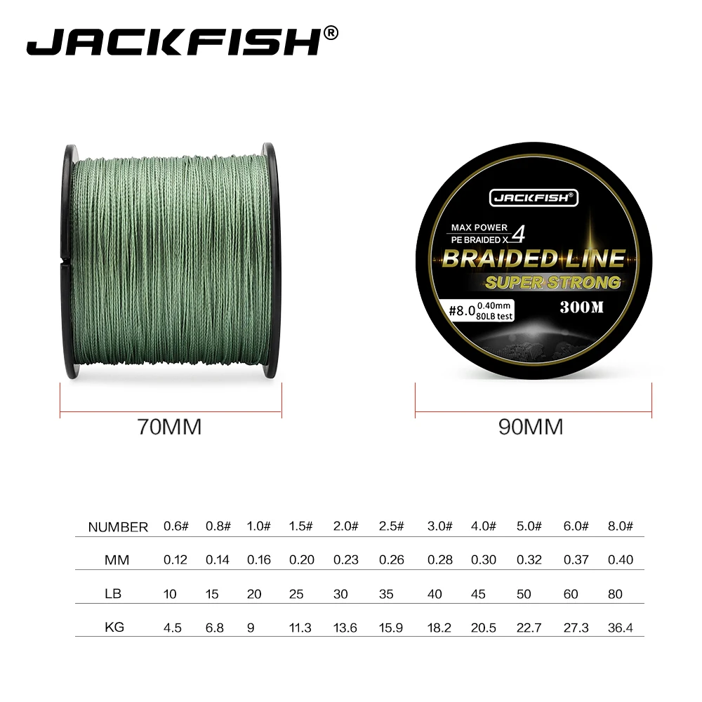 JACKFISH 300 M 4 ستراند سوبر قوي صنارة صيد بولي ايثيلين مجدول 10-80LB PE خيط صنارة الصيد الأسود لفائف الاسلاك الكارب الصيد المياه المالحة