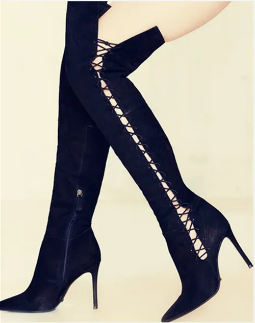 

Dipsloot 2018 Woman Side Zipper Suede Over The Knee Boots Ladies Pointed Toe Cut-outs Lace-up Long Boots Girls High Heels Shoes