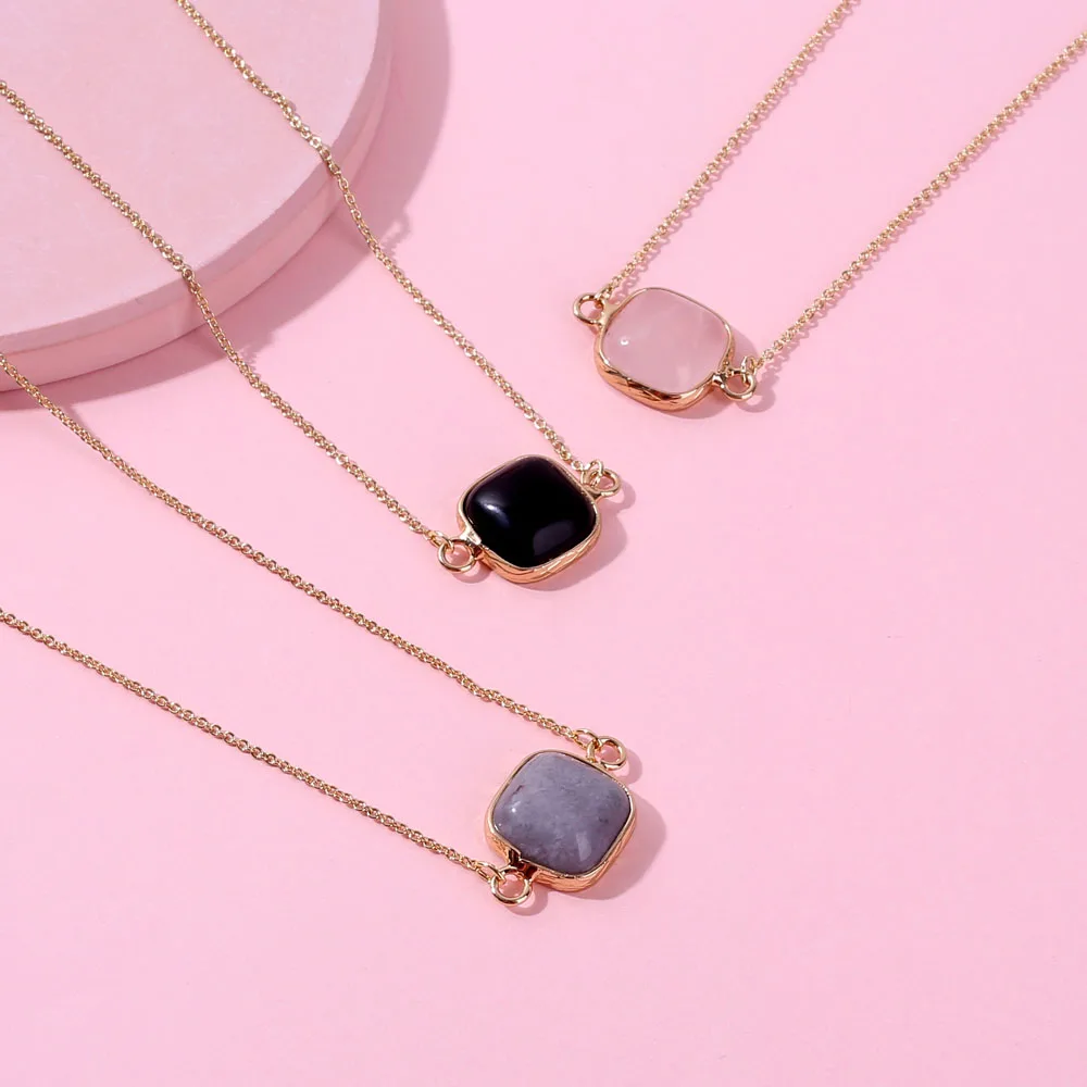 

Dainty Chain Square Semi Precious Stone Necklace Gold Rim Natural Stone Short Necklace Women Girl Necklace&Pendant