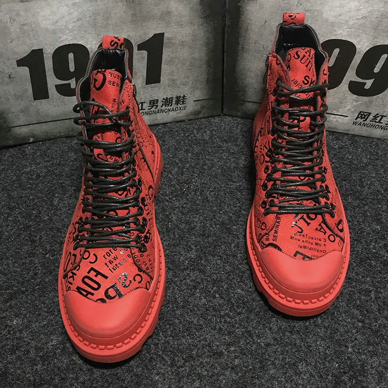 Preise Mens armee stiefel Casual stiefeletten High Top Leder Schuhe Männlichen RED Hip hop graffiti military stiefel sneaker Schuhe MM 89