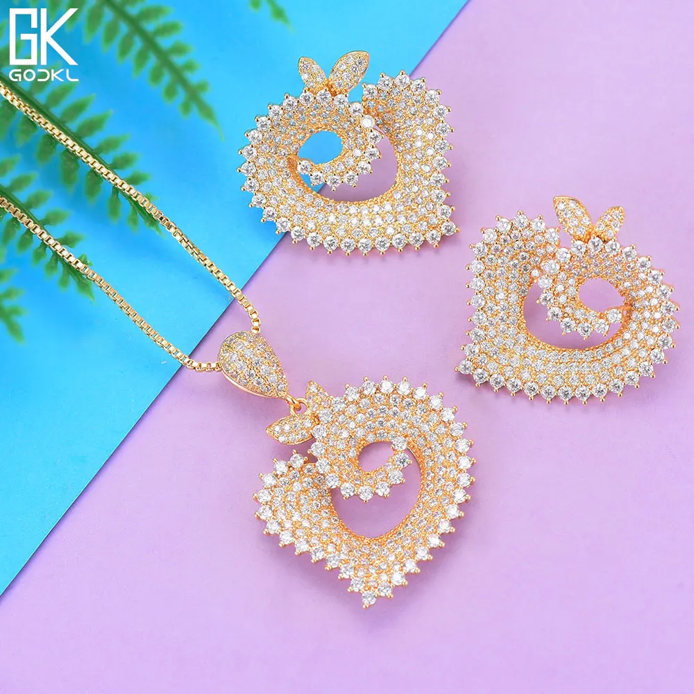 GODKI Luxury Heart Necklace Earring Sets Cubic Zircon Crystal CZ Jewelry Set For Women Wedding Indian Dubai Bridal Jewelry Sets